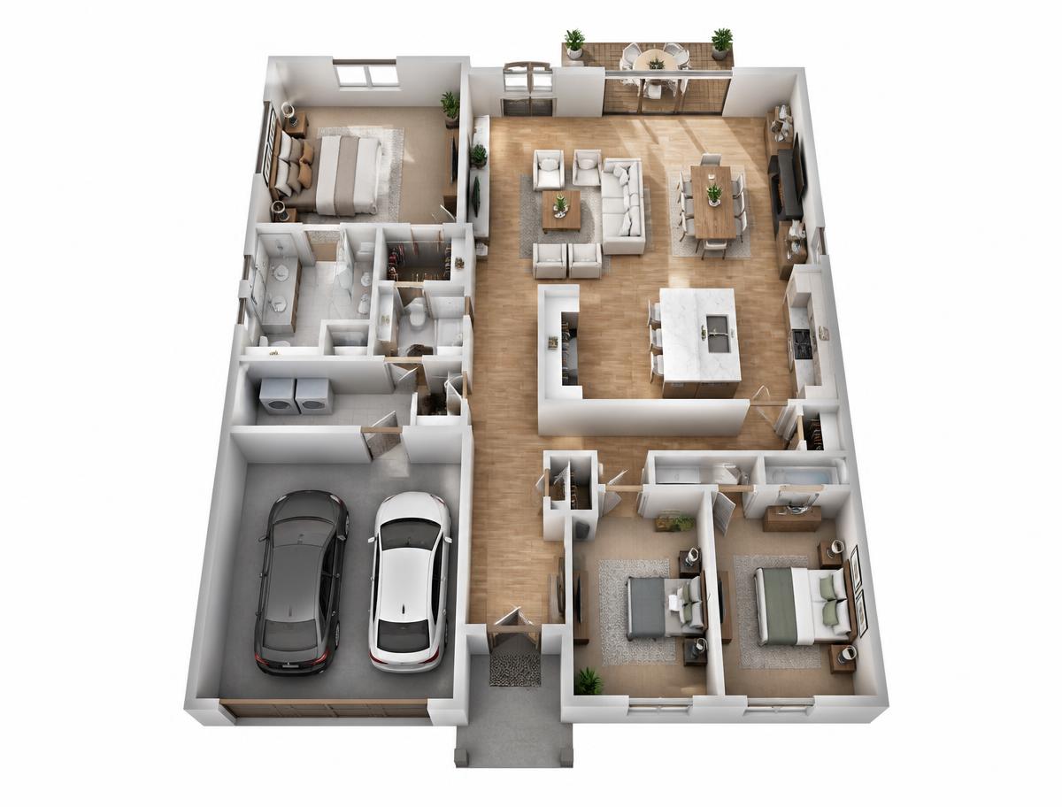 3D dollhouse plan — main level
